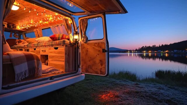 Cozy Van Life by the Lake at Sunset with String Lights