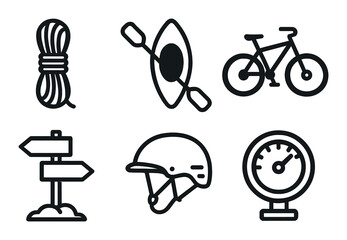 Fototapeta premium Outdoor adventure icons: kayak, bike, helmet, rope, sign, speedometer on dark background