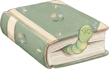 Bookworm with Glasses Crawling Out of Green Floral Hardcover Book in Colored Pencil