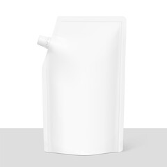 Realistic stand pouch bag with corner spout mockup. Vector illustration isolated on white and grey background. Front view. Can be use for template your design, presentation, promo, ad. EPS10.