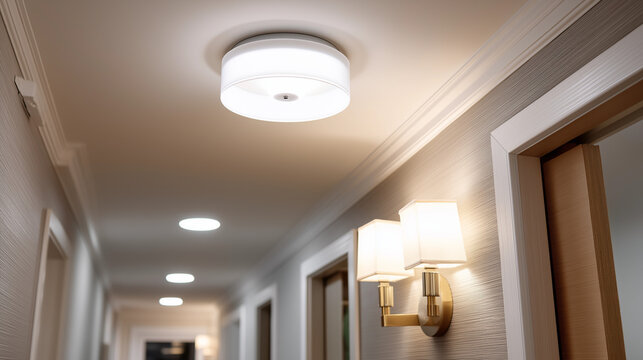 A contemporary flush-mount ceiling light fixture installed in a hallway, providing bright and even illumination for safe passage through the space, with copy space