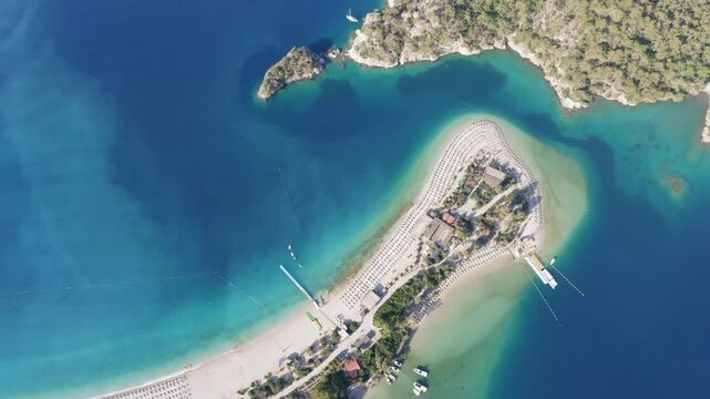 Aerial view of beach and coast in the blue mediterranean sea, Oludeniz, Fethiye, Turkey