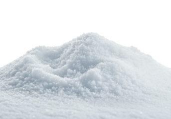 Extreme macro shot of a hyper-realistic, pristine, powdery snowdrift heap centered on a seamless ultra-white studio background with ample copy space. Concept of clean winter purity and holidays