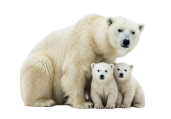 large polar bear mother protecting her two fluffy cubs on a seamless transparent background with soft high-key studio light and ample copy space, concept of maternal protection and purity