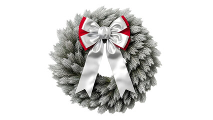 A frosted christmas wreath with a large white ribbon and red bow on top isolated on transparent background