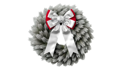 A frosted christmas wreath with a large white ribbon and red bow on top isolated on transparent background