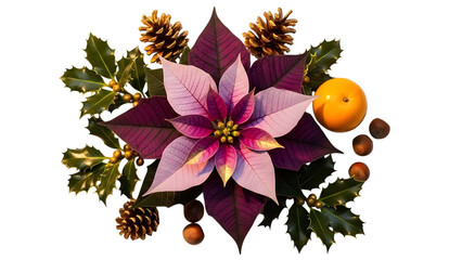 Pink poinsettia flower with green leaves and pine cones isolated on transparent background for holiday decoration