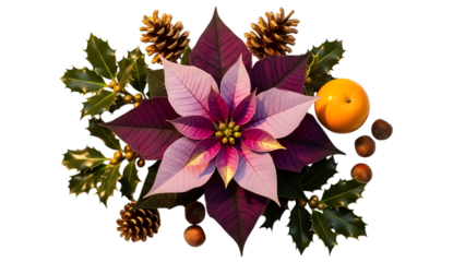 Pink poinsettia flower with green leaves and pine cones isolated on transparent background for holiday decoration