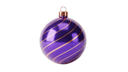 Purple christmas tree ornament with gold stripes isolated on transparent background