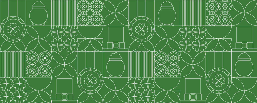 A modern, geometric St. Patrick&rsquo;s Day seamless pattern featuring outlined icons of shamrocks, leprechaun hats, pots of gold, and Irish-inspired symbols.
