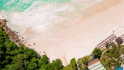 Aerial view beautiful Karon noi Beach in Phuket Thailand, Landscape of patong city phuket in sunny summer day time, Beautiful tropical sea,High angle view Sea beach Sunset in the evening