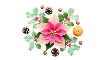 Vibrant pink and white poinsettia flowers with green leaves and pinecones on transparent background for christmas decoration