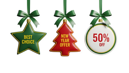 Christmas ornaments with ribbons and discounts for holiday shopping isolated on transparent background