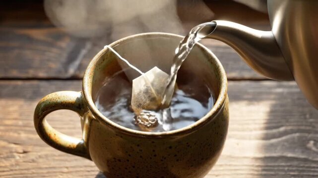Pouring Hot Tea into Ceramic Mug on Wooden Table