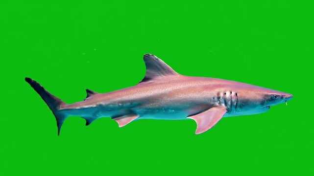 A majestic shark swimming gracefully through the clear ocean waters on a vibrant green screen background.