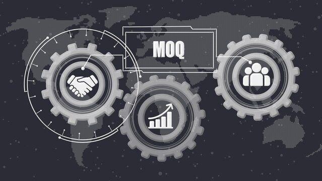 Gray gears with partnership handshake growth chart and team on a global map background with M O Q text