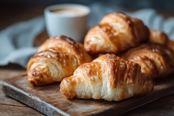 Fototapeta premium Golden flaky croissants arranged on a wooden surface with soft glow