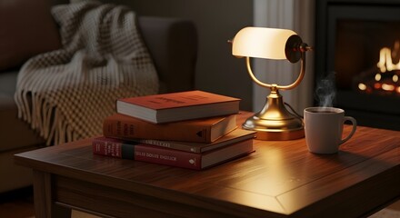 Warm inviting atmosphere with stack of old books steaming mug and glowing fireplace lamp