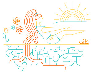 Abstract pilates woman with sunrise, flowers and roots