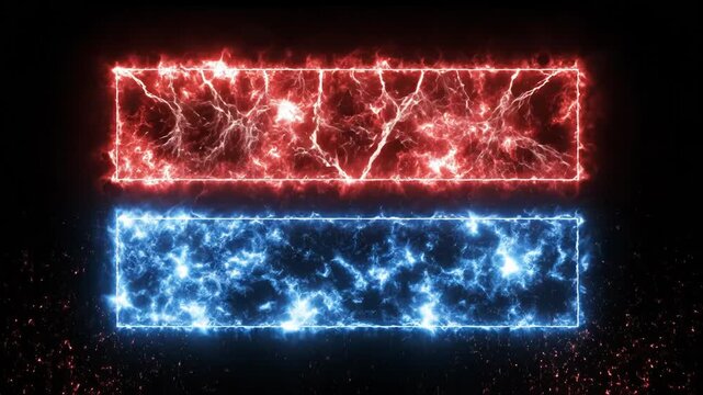 Dynamic sparks and lightning effects forming red and blue rectangular outlines on black
