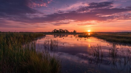 Golden hour wetlands panorama: summer sunset over a tranquil marsh with reeds and reflective water