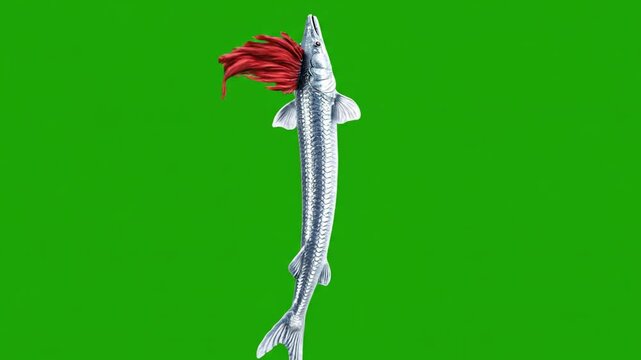 Fishing lure with red feathers and silver body on a green screen background for easy keying.