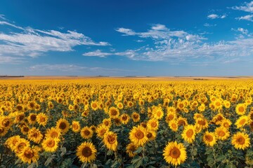 Obraz premium Golden sunflowers stretching across a rural field bathed in warm sunlight