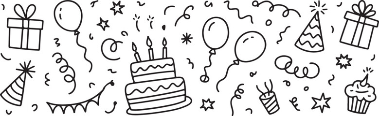 Birthday doodle icon element.  Hand drawn doodle. Sketch of Birthday decoration, gift box, cake, party hats in sketch style. Hand drawn vector illustration isolated on white background.
