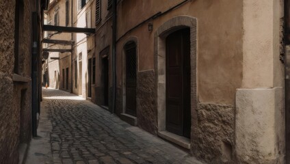 Fototapeta premium Sunlight at the end of a narrow historic cobblestone alleyway.