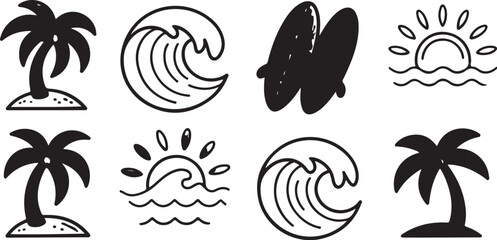 Beach sunset icon set with tropical elements and summer symbols