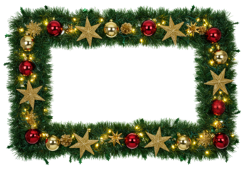 a lush, thick rectangular christmas border crafted from emerald green tinsel, adorned with crimson, gold, and silver mirrored baubles, twinkling led lights, and metallic star accents on white copy