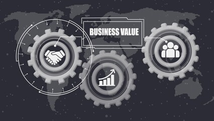 Three gray gears with business on map background and business value text partnership