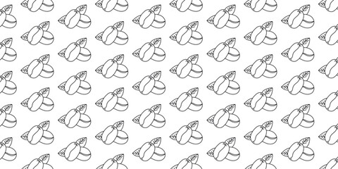 Seamless monochrome coffee pattern background featuring outline illustrations of coffee beans and steaming cups, ideal for graphic design, web backgrounds, or packaging materials