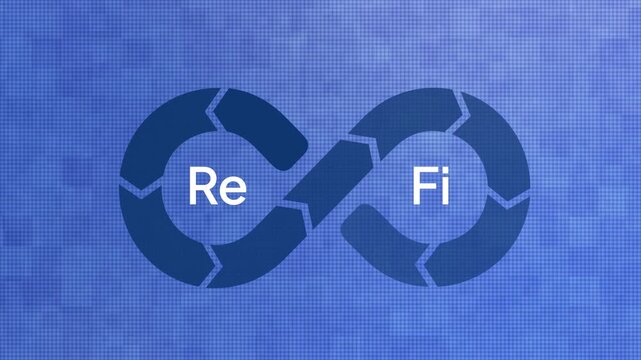 ReFi regenerative finance blockchain ecosystem linking green value funds carbon goals and transparent climate actions. Refi Refinancing loopable minimal 2D motion graphic, 2026 trends 4K video clip