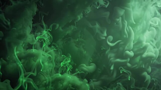 Abstract green smoke swirling across background concept. Ethereal green smoke and floating elements create a mystical ambiance.