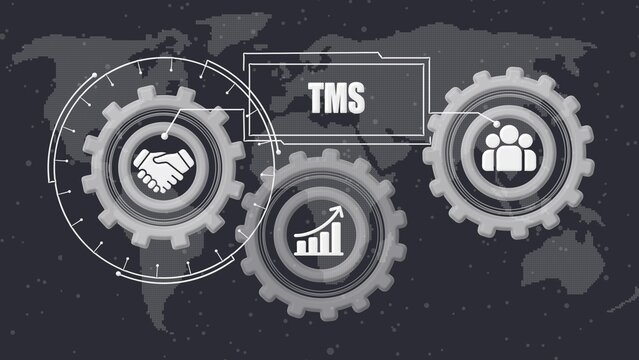 Three gray gears with partnership growth and teamwork on a dark map background with T M S label global network