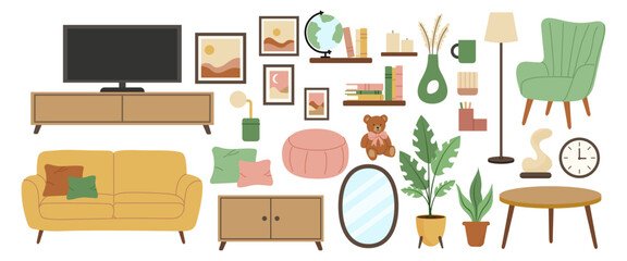 Furnishings and decorations in a living room setting with various items and colors displayed on a white background