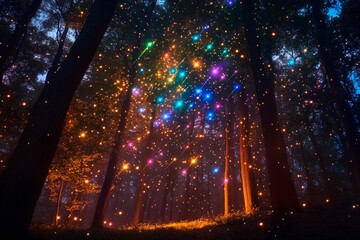 Obraz premium Magical forest illuminated by vibrant multicolored shooting stars at twilight