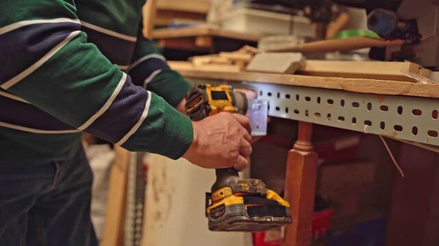Close-up of a worker tightening a nut with a cordless impact driver in a workshop
