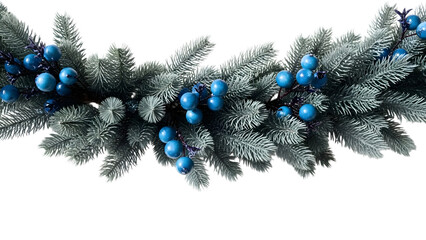Festive blue and silver christmas garland with ornaments on transparent background