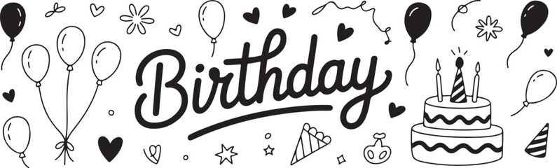 Vector line set .Birthday celebration with festive confetti, balloons, gifts, cupcakes, and a banner proclaiming "Happy Birthday".