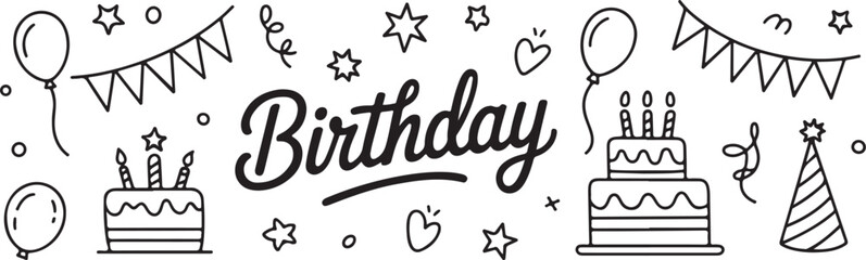 Vector line set .Birthday celebration with festive confetti, balloons, gifts, cupcakes, and a banner proclaiming "Happy Birthday".