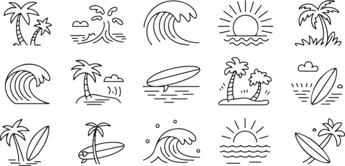 Summer set of icons in line style. vector set with tropical elements like palm trees, waves, surfboards, and sun. Perfect for summer designs,  posters design.