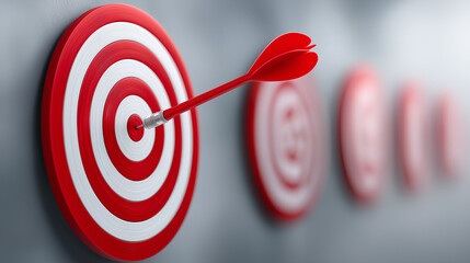 Red dart hitting the bullseye of a red and white target, representing business strategy, reaching goals, precision, accuracy, focus, success, and achieving peak performance, copy space