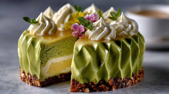 Close-up light pastel green marzipan dome prinsesst&aring;rta with cream topping and edible flowers for celebrations