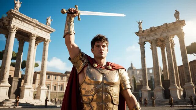 Roman soldier raises sword amid ancient ruins. Centurion stands in ornate armor. Warrior faces ruined column and temple. Sunlight glints on breastplate and cloak. Public square evokes empire history.