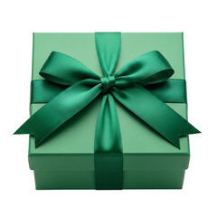 A green gift box with a large ribbon bow isolated on transparent background