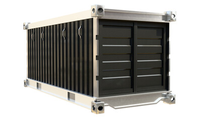 Luxury black carbon fiber cargo container with silver stainless steel frame from rear view, 3D render.