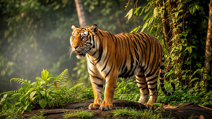A powerful wild tiger surveys its dense sun dappled jungle kingdom with warm golden hour