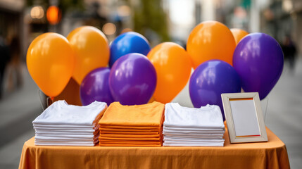 Charity t-shirt fundraiser table with colorful balloons at indoor event